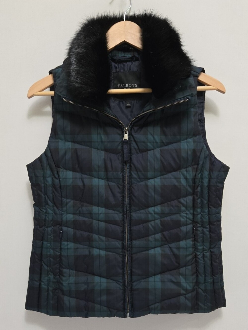 Talbots Plaid Down Puffer Vest Faux Fur Collar Size S Petite Heritage Navy Green